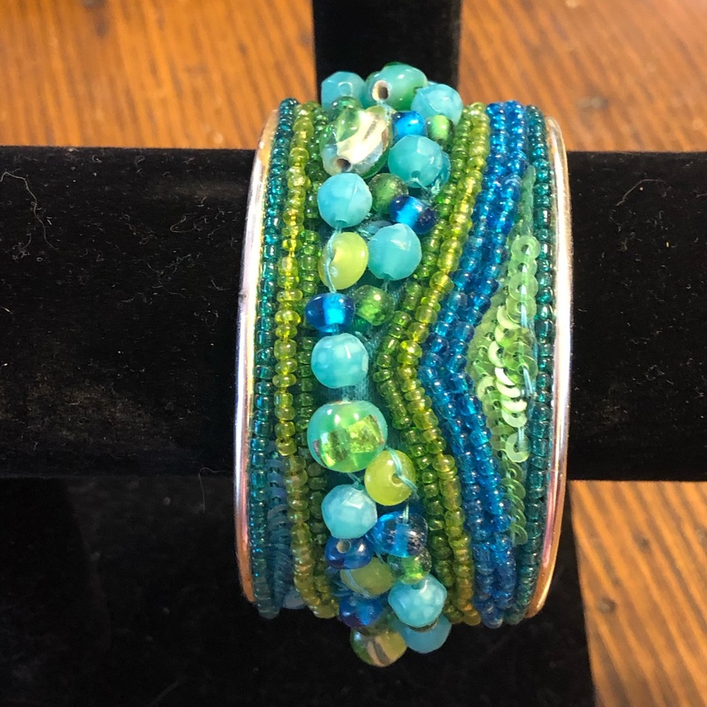 SPRING Wide Aqua Beaded Cuff Bracelet